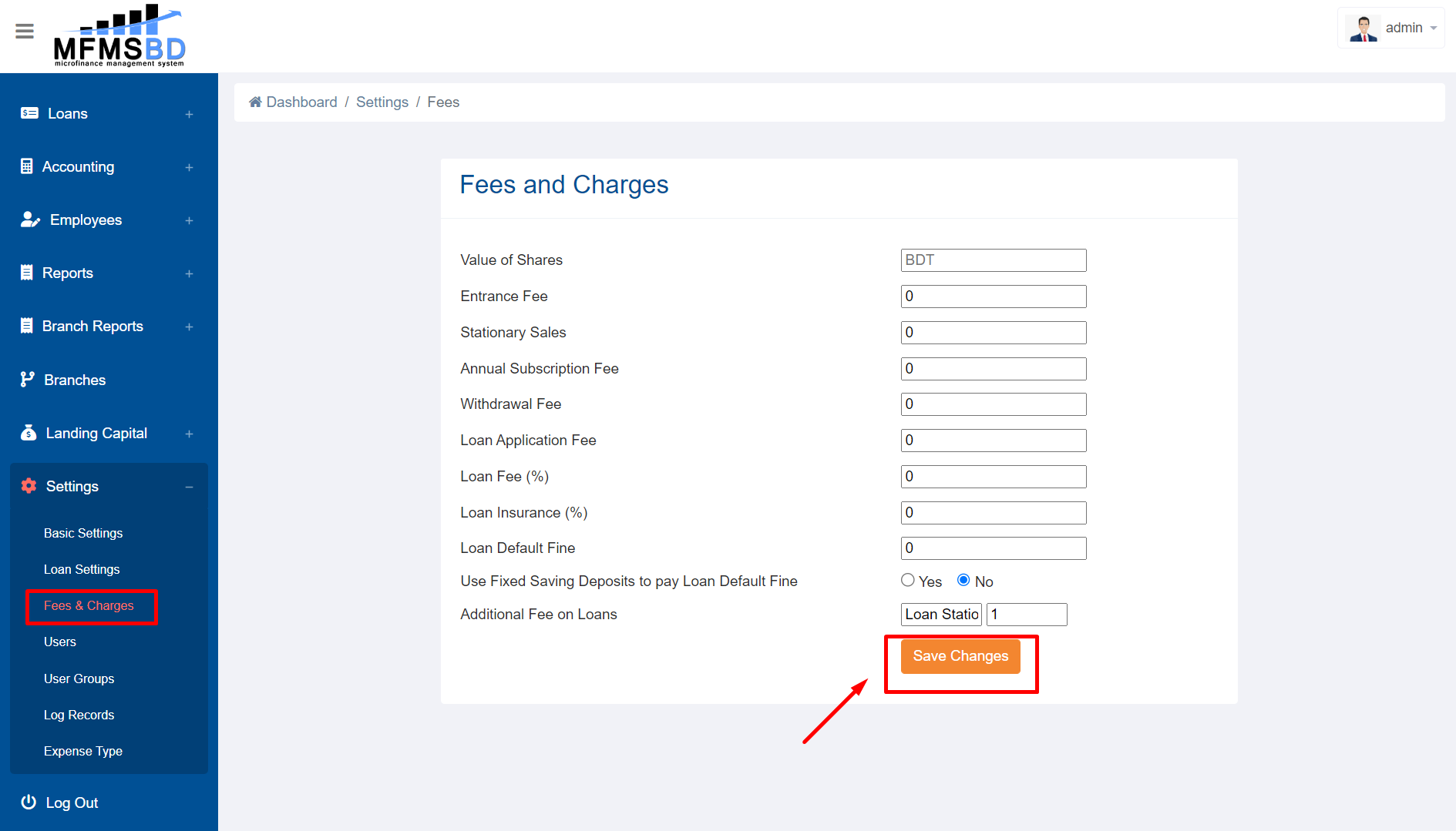 Fees & Charges Settings